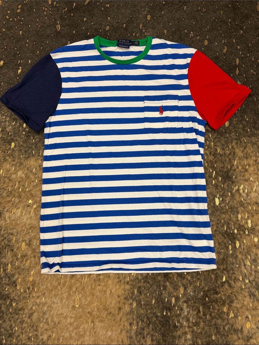 Ralph Lauren Blue and White Striped Tee with Colorblock Sleeves | mens m | slim